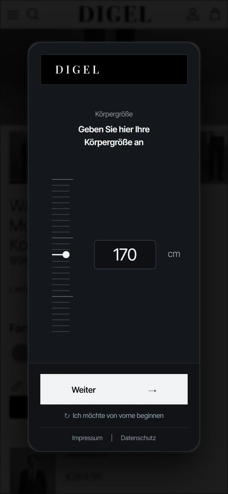 Smart Size im Onlineshop, Beispiel DIGEL: Abfrage der Körpergröße mit Regler